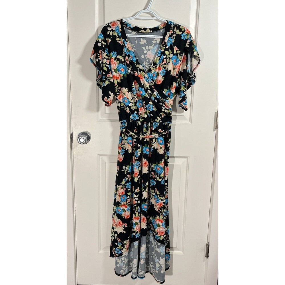 Floral Dress Women 1XL Flutter Sleeve Rose Hi-Low Romantic Bohemian Cottagecore